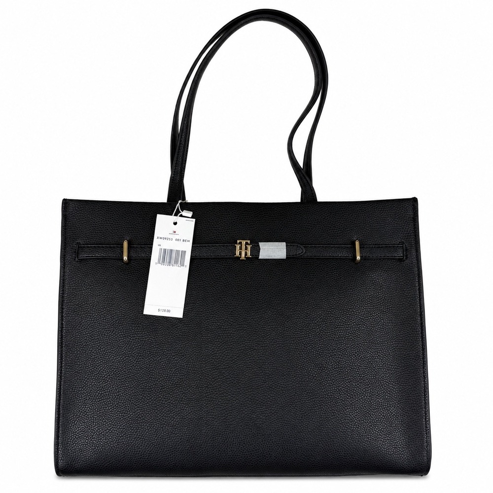 Tommy Hilfiger Women Black Pebbled Tote Bag Gold Hardware XW09253 001 BEH
